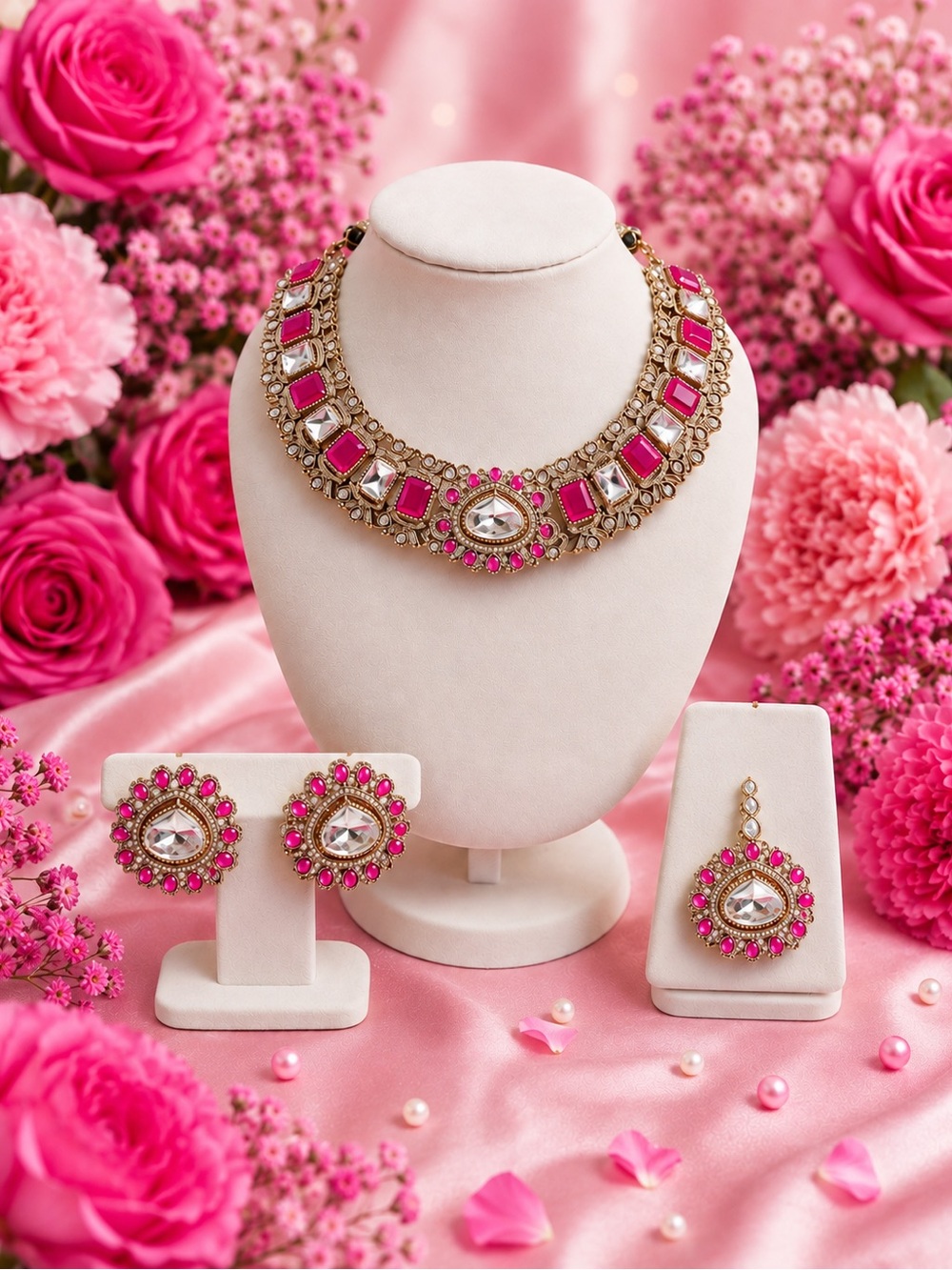 Gold-Tone Bridal Necklace Set with Vibrant Pink Stones